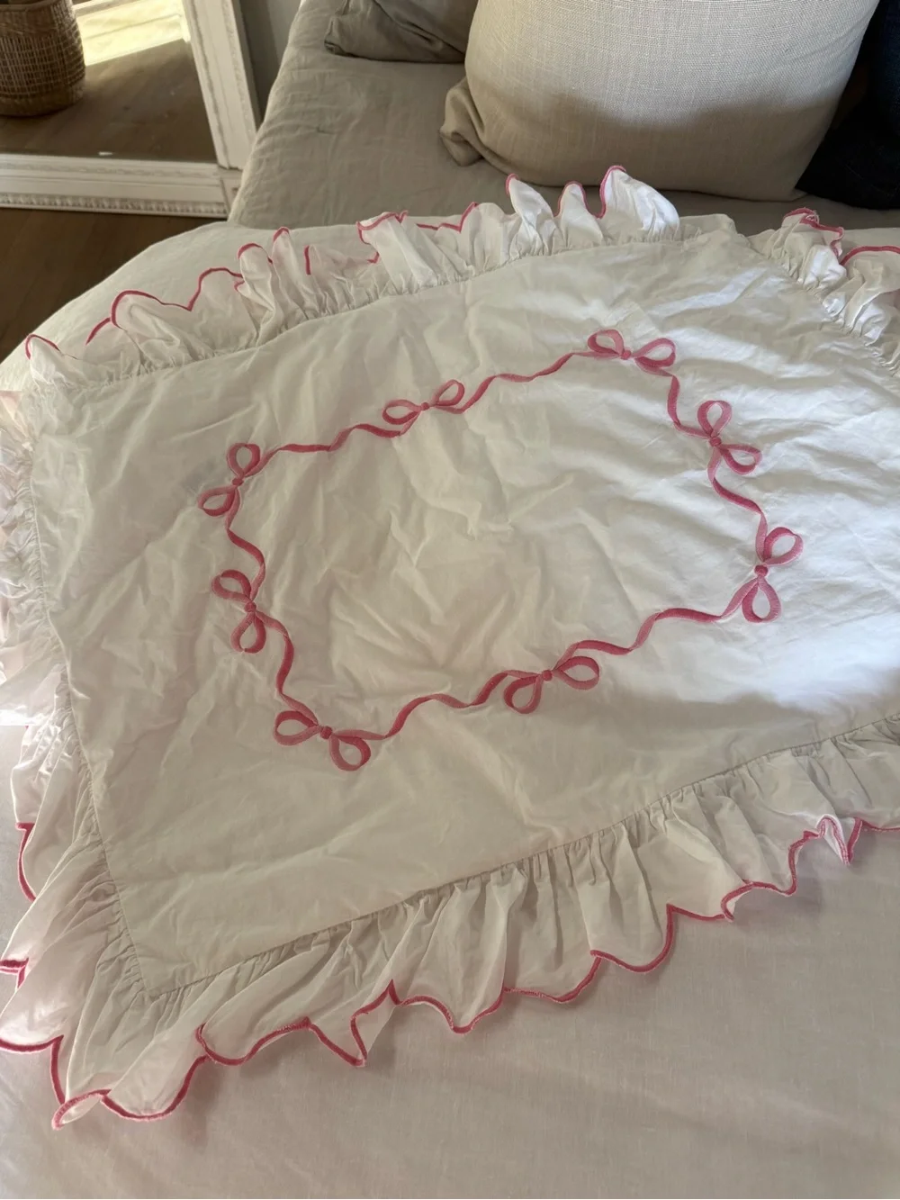 LoveShackFancy White Comforter with Pink Embroidered Ruffle Trim and Sham